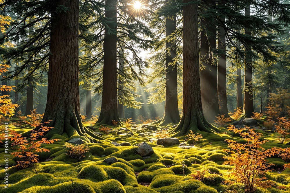 Aufkleber forest with tall trees and sunlight filtering through.