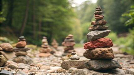Multiple carefully balanced stone stacks placed in a lush forest, creating a peaceful and meditative scene