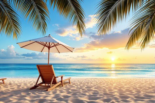 Beach chair with umbrella under palm trees at sunset.