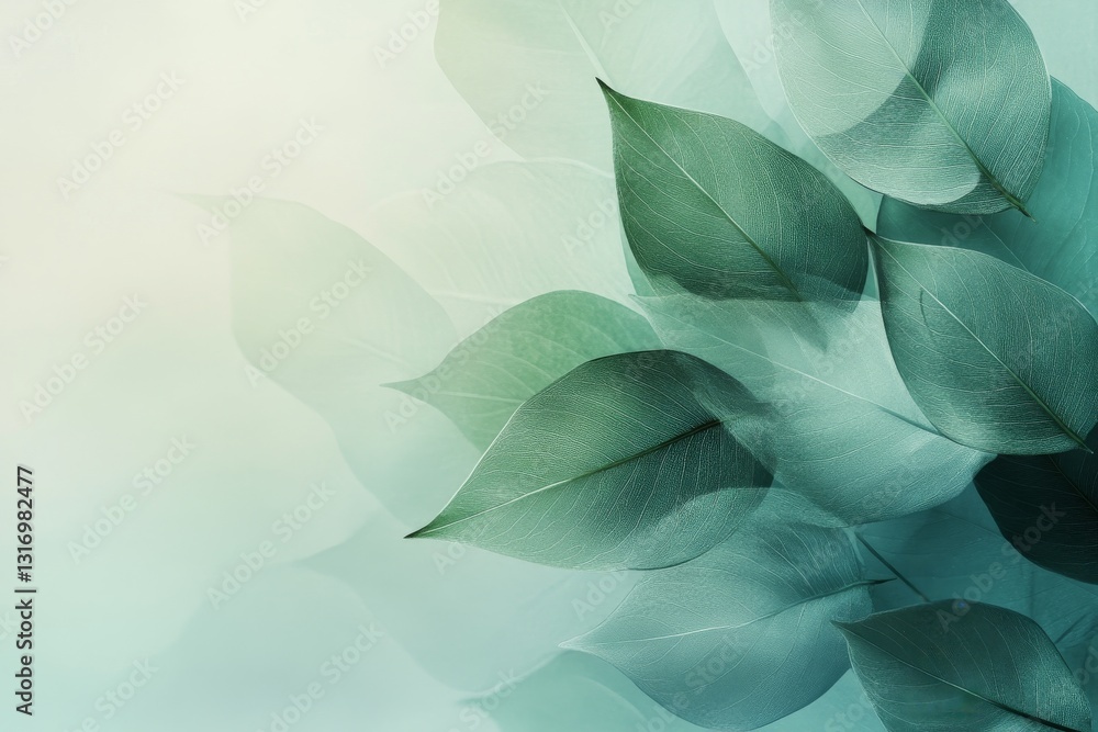 Aufkleber elegant green leaves with a soft gradient background, creating a calming and natural abstract compos