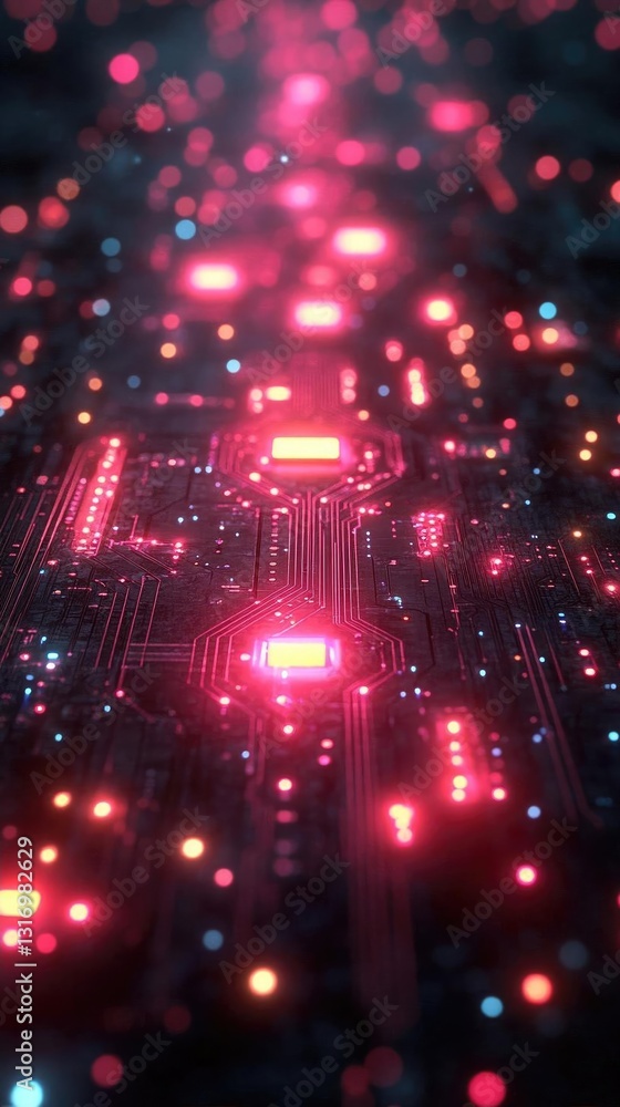 Poster abstract representation of a digital circuit board with glowing elements and vibrant colors