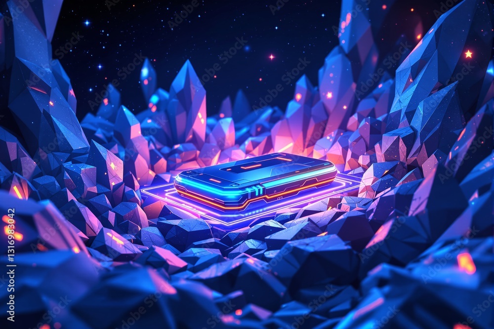 Poster Futuristic glowing hardware on neon platform within angular rocky terrain.