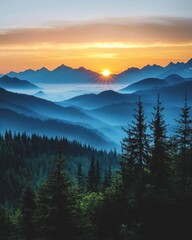 Obraz premium Majestic mountain range silhouette at sunset with vibrant sky and layered blue ridges and misty valley below evergreen forest
