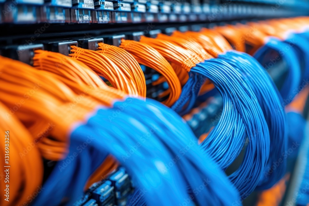 Aufkleber network infrastructure cables connecting data center servers with blue and orange wires in a modern 