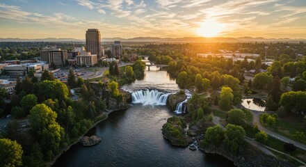 aerial view of Spokane, Washington during golden hour