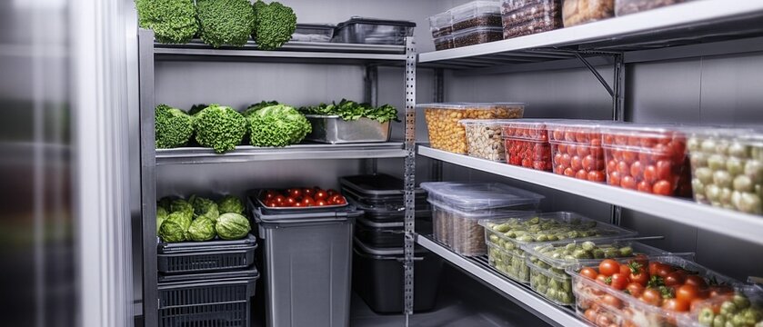 Fresh produce and ingredients organized on shelves in a commercial kitchen walk in refrigerator storage for restaurant use