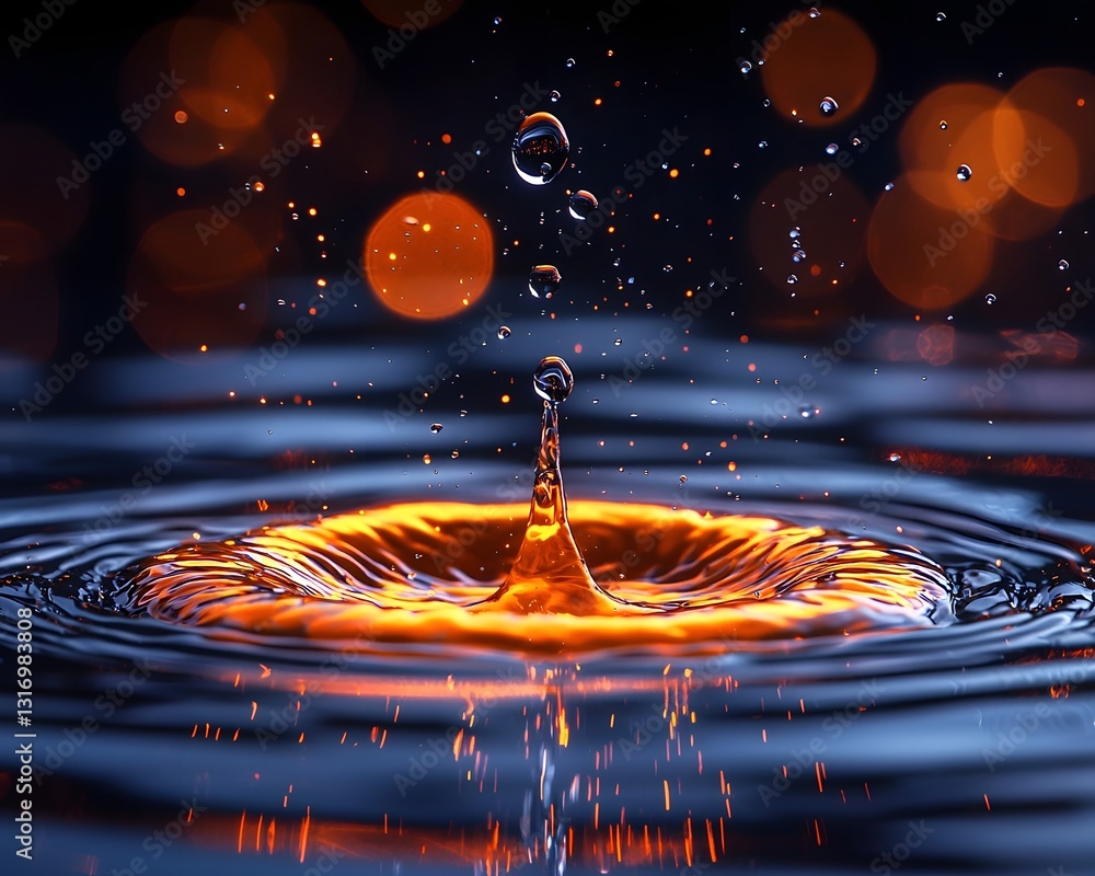 Poster glowing water drop forming mid air with abstract reflective patterns