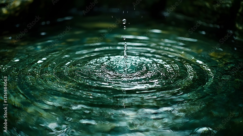 Poster serene water drop merging with larger pool harmonious ripple patterns on surface
