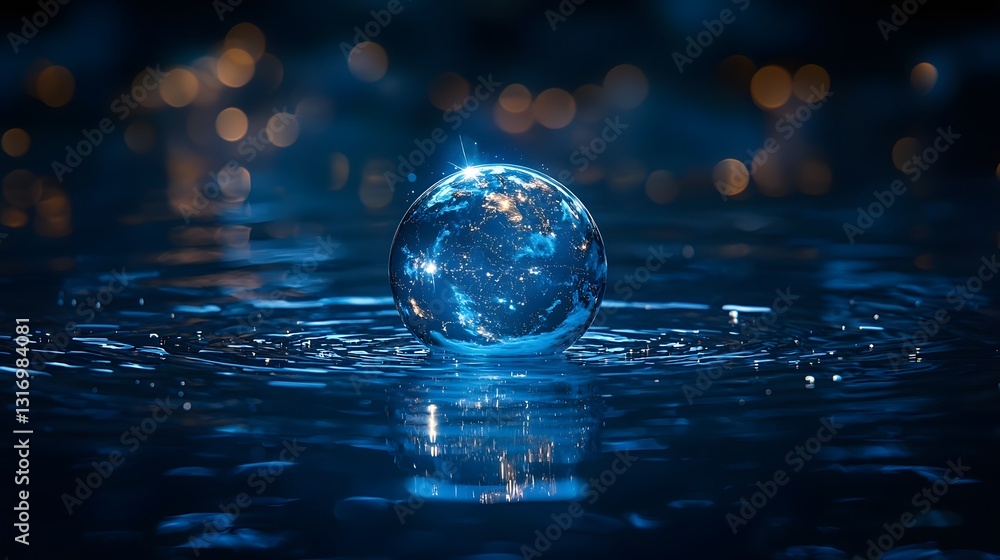 Sticker glowing aqueous orb in stellar serenity a tranquil reflection of earth and space