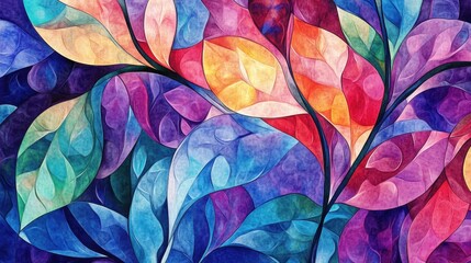 Stylized stained glass tendrils with translucent watercolor petals, vibrant jewel tones, delicate floral flow. 