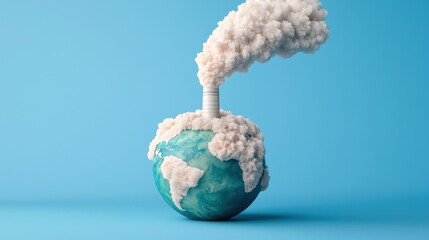 Earth with Smoky Factory Emitting Clouds on Blue Background