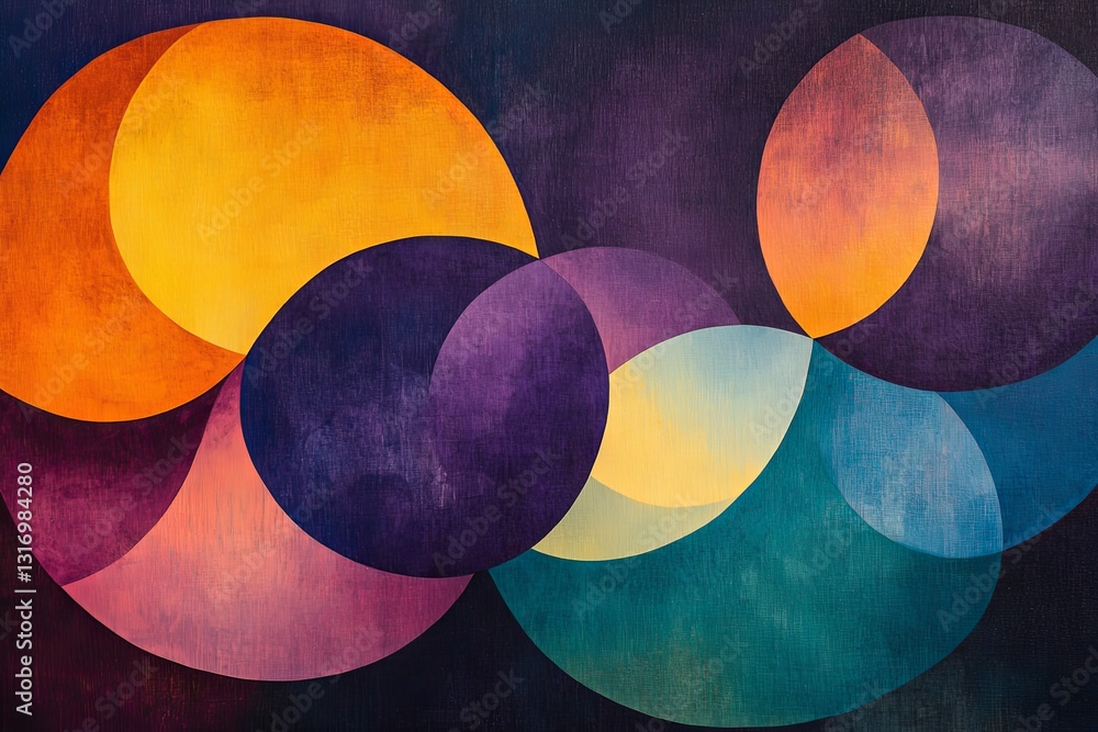 Aufkleber abstract geometric artwork with overlapping circles in shades of orange, purple, teal, and yellow. t
