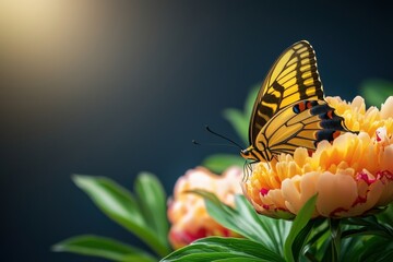 Vibrant Butterfly on Blooming Peony with Soft Background Light