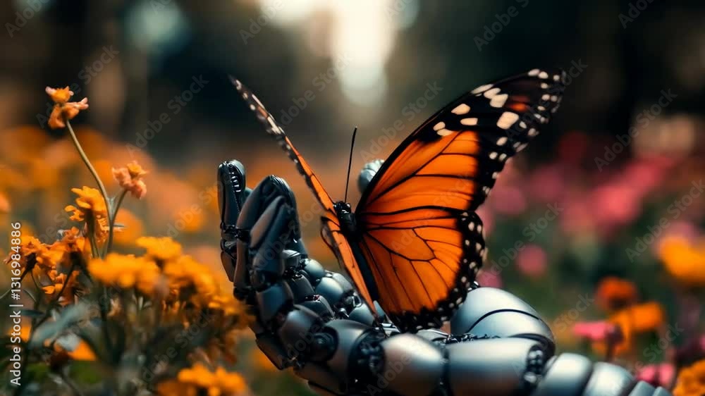Poster a robotic arm holds a butterfly with bright orange wings and black patterns. blurred flowers and gre