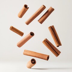 Cinnamon sticks in mid-air, showcasing their natural, warm tones