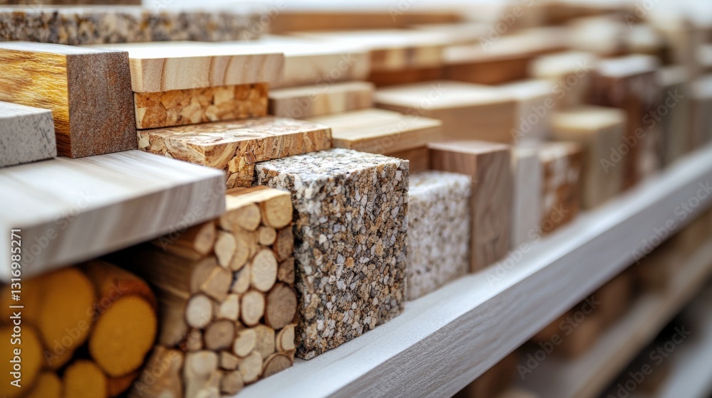 Aufkleber various types of wooden blocks arranged neatly on a shelf in a workshop, showcasing textures and col