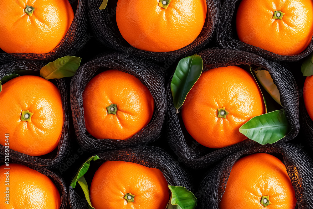 Poster rows of mesh bags packed with fresh mandarins create a striking visual display in a storage facility