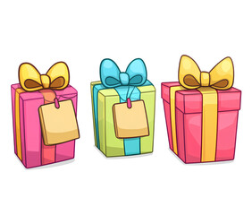 Obraz premium Three cartoon gift boxes, with colorful ribbons and tags on them, in a simple drawing style, vector illustration, on a white background, with a transparent PNG format
