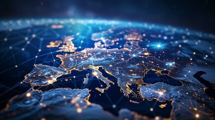 Abstract Digital Representation of Europe with Global Network Connections and Data Transfer Representing Worldwide Connectivity