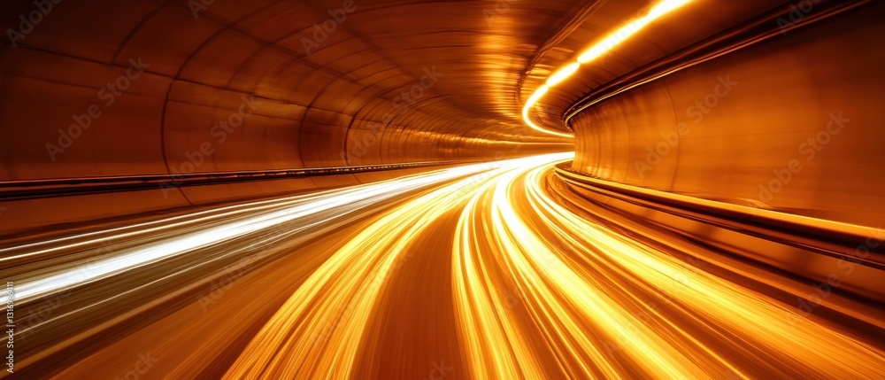 Poster dynamic motion blur of light trails through an orange tunnel creating a sense of speed and futuristi