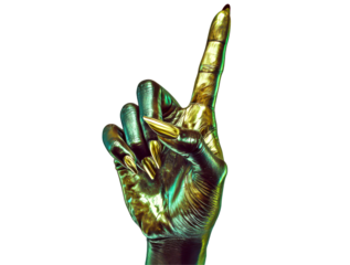 Stylish hand gesture with gold and green metallic finish and long nails Isolate on Transparent Background, cutout, png