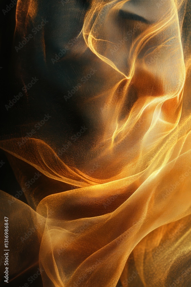 Poster ethereal golden fabric waves in a dark background creating a flowing abstract texture with a warm li