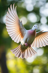 Fototapeta premium Graceful Dove in Mid-Flight Against a Blurred Background
