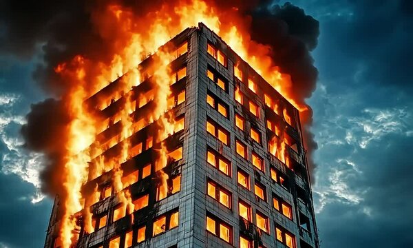  "Fire Alarm Manual System: High-Rise Building Engulfed in Flames with Billowing Smoke Against a Dramatic Sky, Emphasizing the Urgency of Fire Safety and Emergency Response