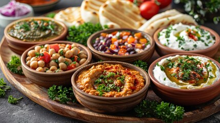 Obraz premium A Vibrant Assortment of Middle Eastern Dips and Spreads on a Wooden Platter with Fresh Ingredients
