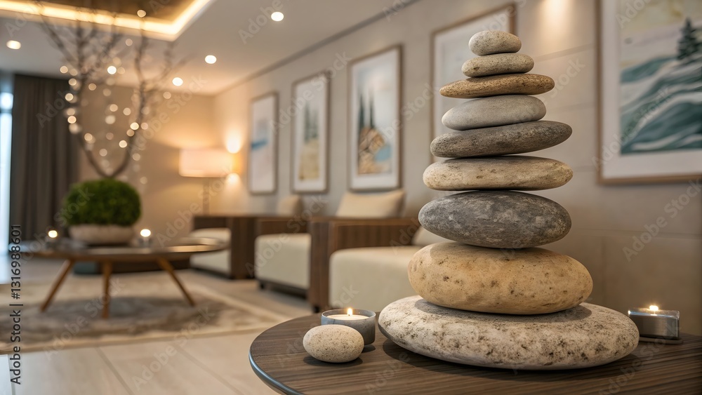 Poster balanced stone stacks on a side table, symbolizing tranquility, focus, and artistic expression in a 