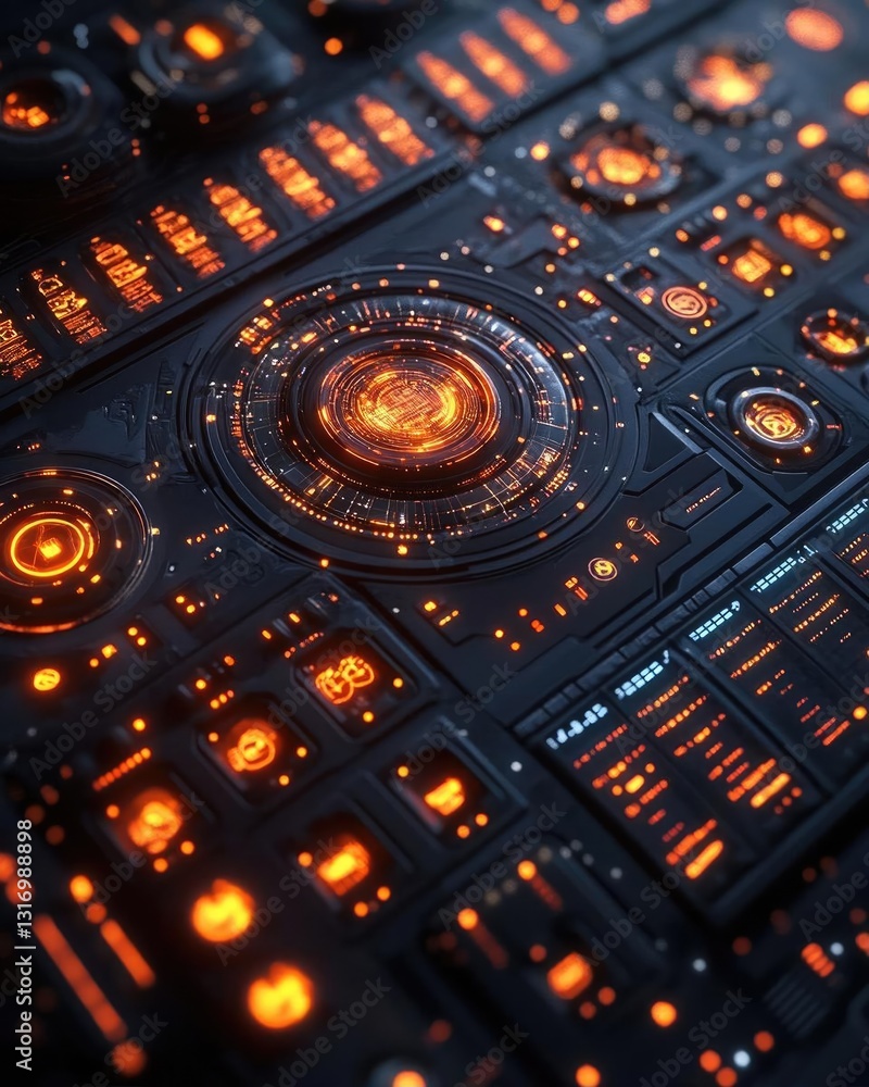 Poster futuristic control panel with glowing orange lights and intricate digital displays in a tech environ
