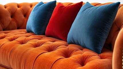 Obraz premium Vibrant velvet couch with colorful cushions in a bright setting, showcasing modern interior design