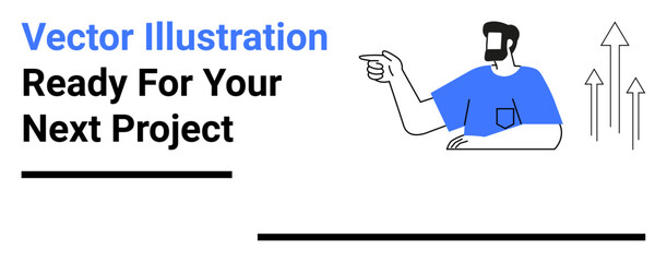 Man in blue shirt pointing towards opportunity, alongside rising arrows symbolizing growth. Ideal for business, success, teamwork, innovation, strategy, leadership, flat landing page banner