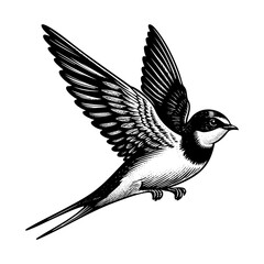 Naklejka premium Swallow bird flying engraving black and white outline. Scratch board imitation. illustrated in vintage line art style on a white background. 