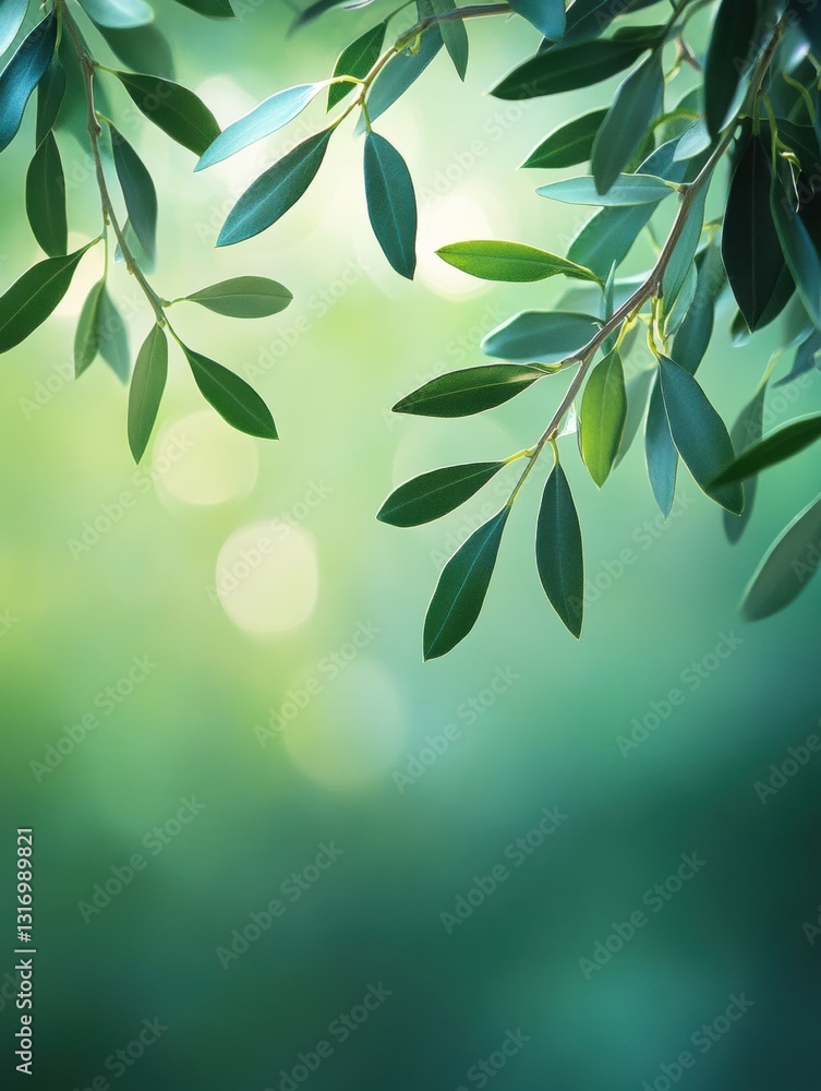 Poster serene olive branch foliage against a soft green bokeh backdrop creating a peaceful botanical scene