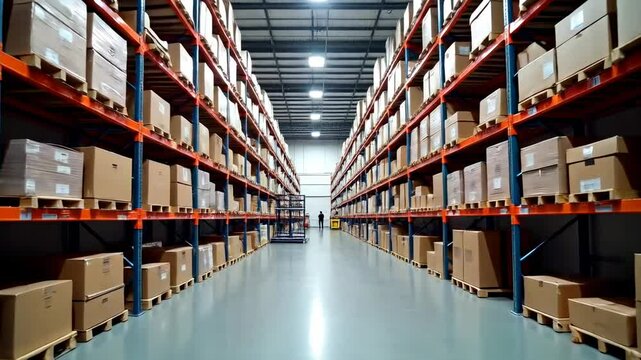 A warehouse with high shelves filled with boxes.