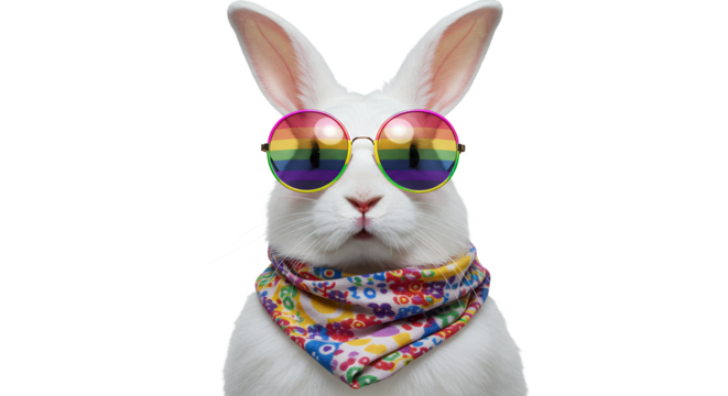 White rabbit wearing rainbow sunglasses and a colorful bandana