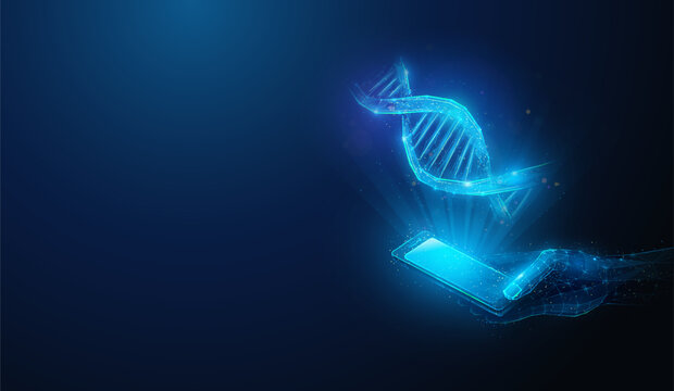 Low Poly DNA Helix Spiral Over Smartphone in Hand. Abstract geometric illustration on test for ancestry, genetic testing, genealogy research online service concept by wireframe mesh on blue background - Powered by Adobe