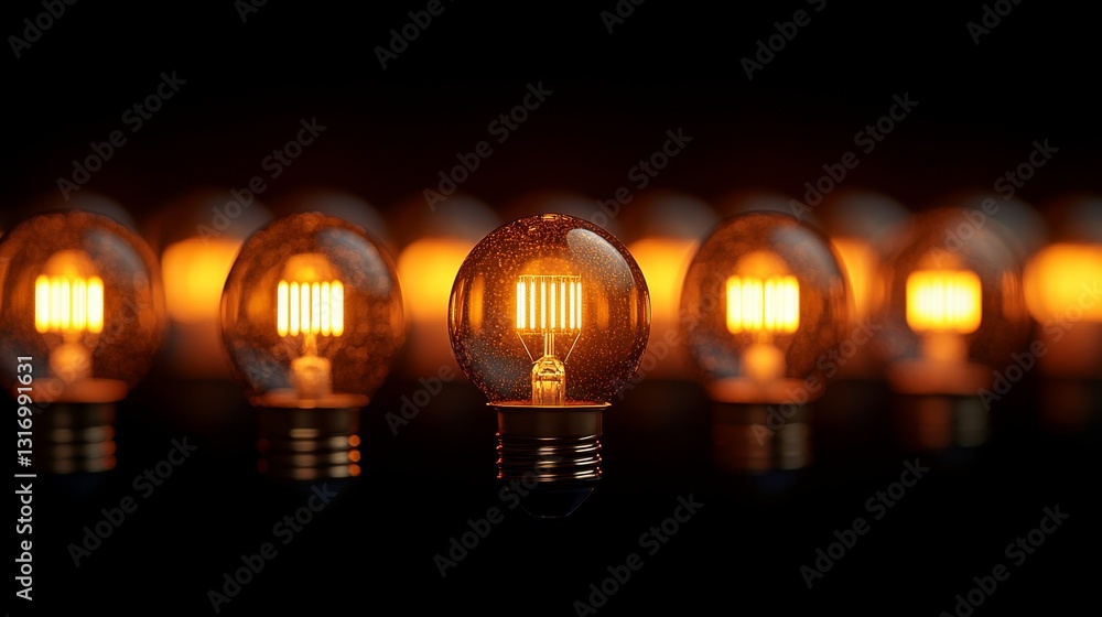Poster close-up view of glowing filament light bulbs arranged in a row, emitting warm golden light with blu