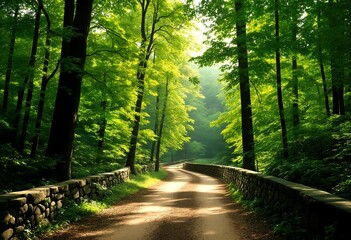 Obraz premium A serene forest path lined with stone walls and trees.