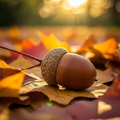 A realistic photograph of an acorn among autumn leaves, with warm sunlight and delicate shadows enhancing its features