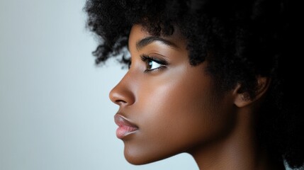 Close-up profile view of a woman with beautiful dark curly hair and flawless skin