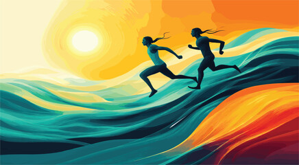Stylized illustration of two silhouetted figures running on colorful waves at sunset, dynamic and vibrant.
