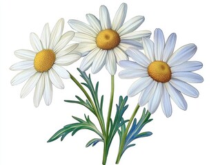 Fototapeta premium Three Charming White Daisies with Yellow Centers and Green Leaves