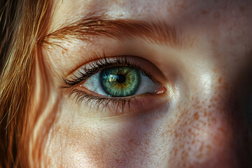 A close-up of the face and eye of an adult woman with freckles