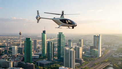 A sleek, autonomous electric air taxi hovers above a futuristic metropolis powered by green energy, symbolizing the future of clean, efficient, and smart urban transportation.