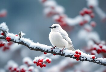 Fototapeta premium a white bird perched on a snow-covered branch with red berries.