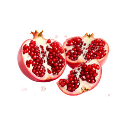 Fresh ruby red pomegranate cut in half with glistening arils and white membrane on white background, high-resolution food photography  