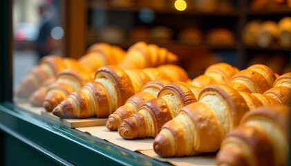 Close-up of assortment of freshly baked croissants, baguettes, and pastries in a Parisian bakery window display, Paris, baguettes, fresh