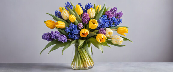 Spring Bouquet: Vibrant Yellow Tulips and Purple Hyacinths in a Clear Glass Vase